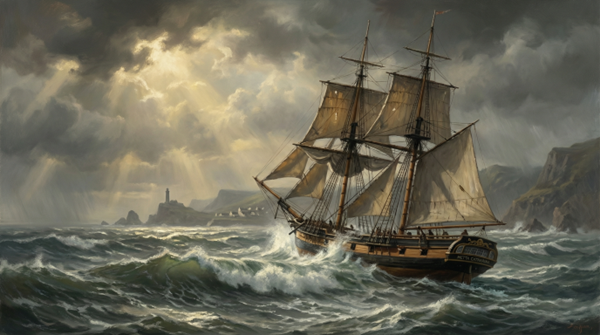 Бригантина «Метта Катарина» в шторме у берегов Англии. Художественная реконструкция.