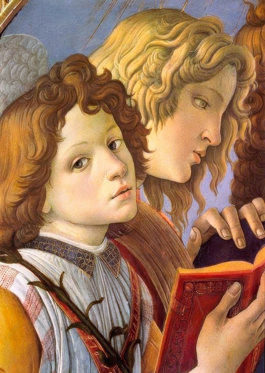 Сандро Боттичелли "Мадонна с гранатом" (1487) - фрагмент - ангелы с книгой