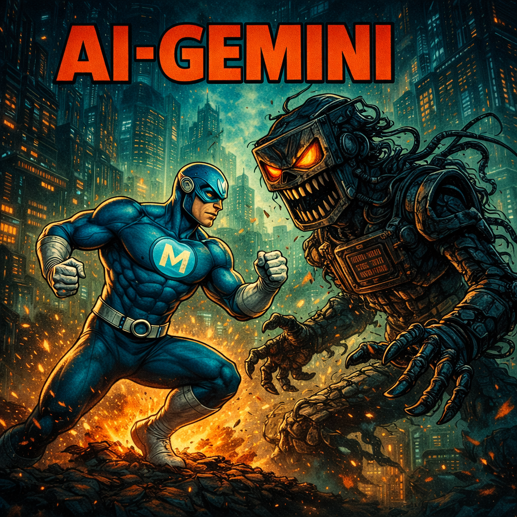 Концептуальная иллюстрация о поиске работы: супергерой AI-Gemini помогает соискателю победить злого робота-рекрутера (ATS), символизируя успешное составление резюме для прохождения фильтров.
