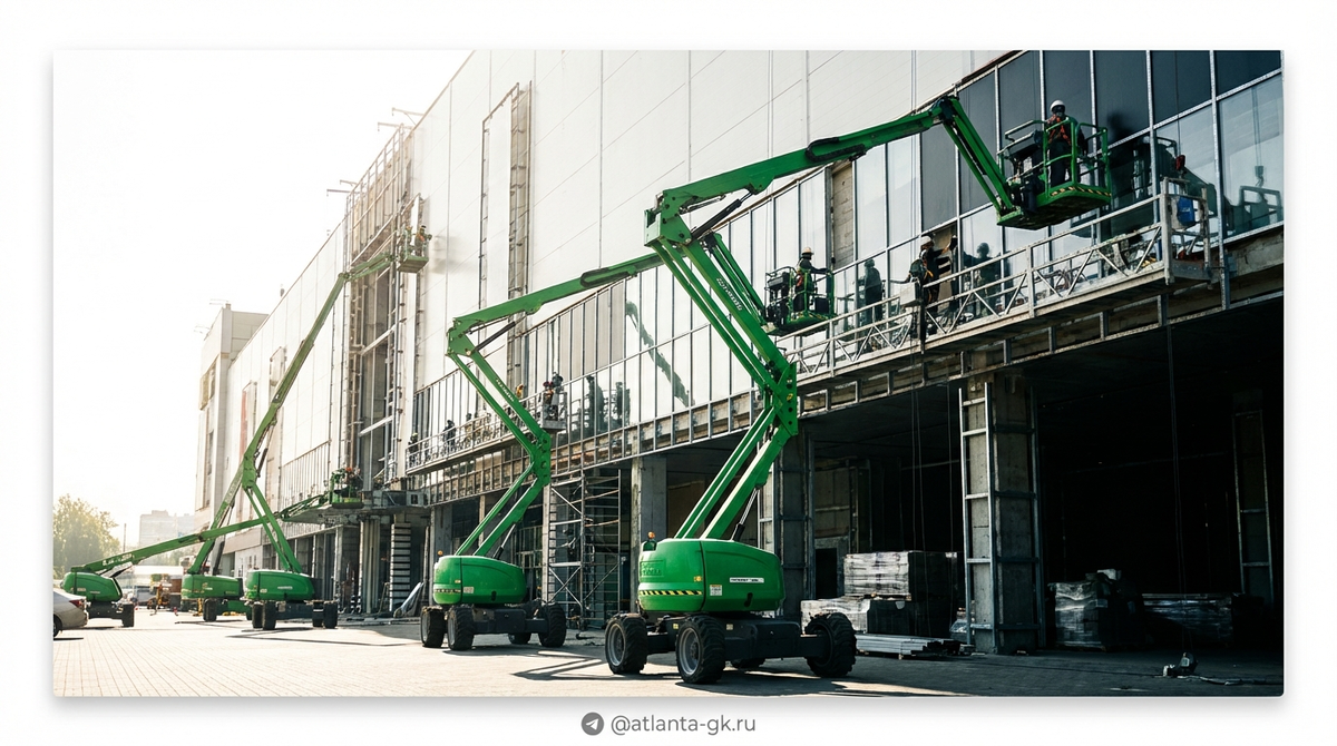    Использование коленчатого подъёмника позволяет эффективно выполнять работы на фасадах любой сложности Atlanta-gk