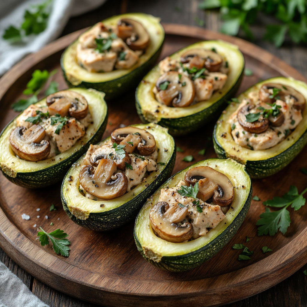  Фаршированные кабачки с грибами и куриным филе