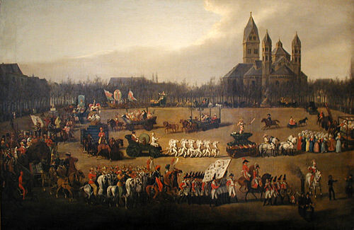 Парад на площади Ноймаркт , картина Симона Мейстера , Кёльн, 1836 год. Фото с сайта https://de.wikipedia.org/wiki/Rosenmontagszug_auf_dem_Neumarkt