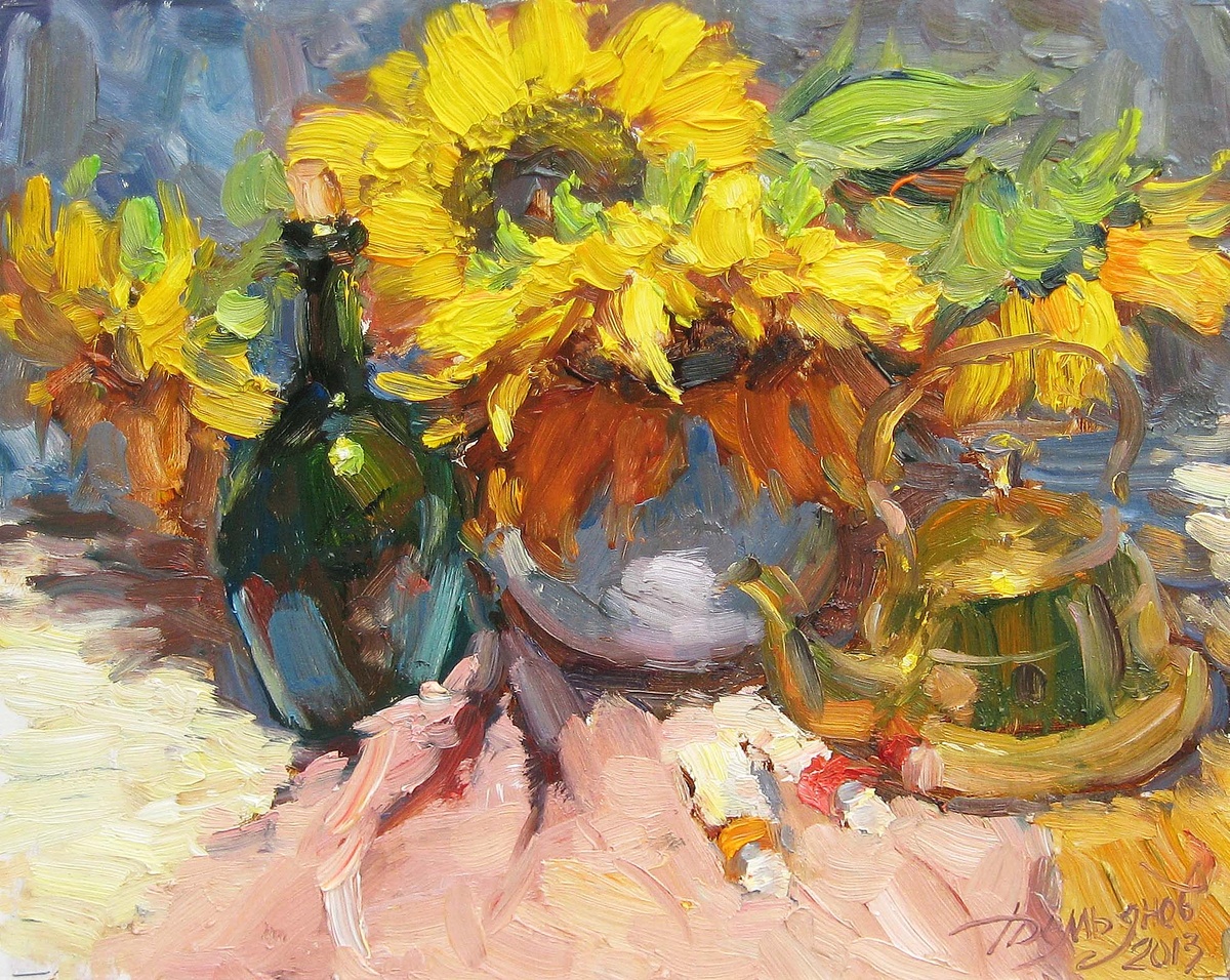 «Горячие подсолнухи», картон, масло, 33 x 39 см, 2013 г.