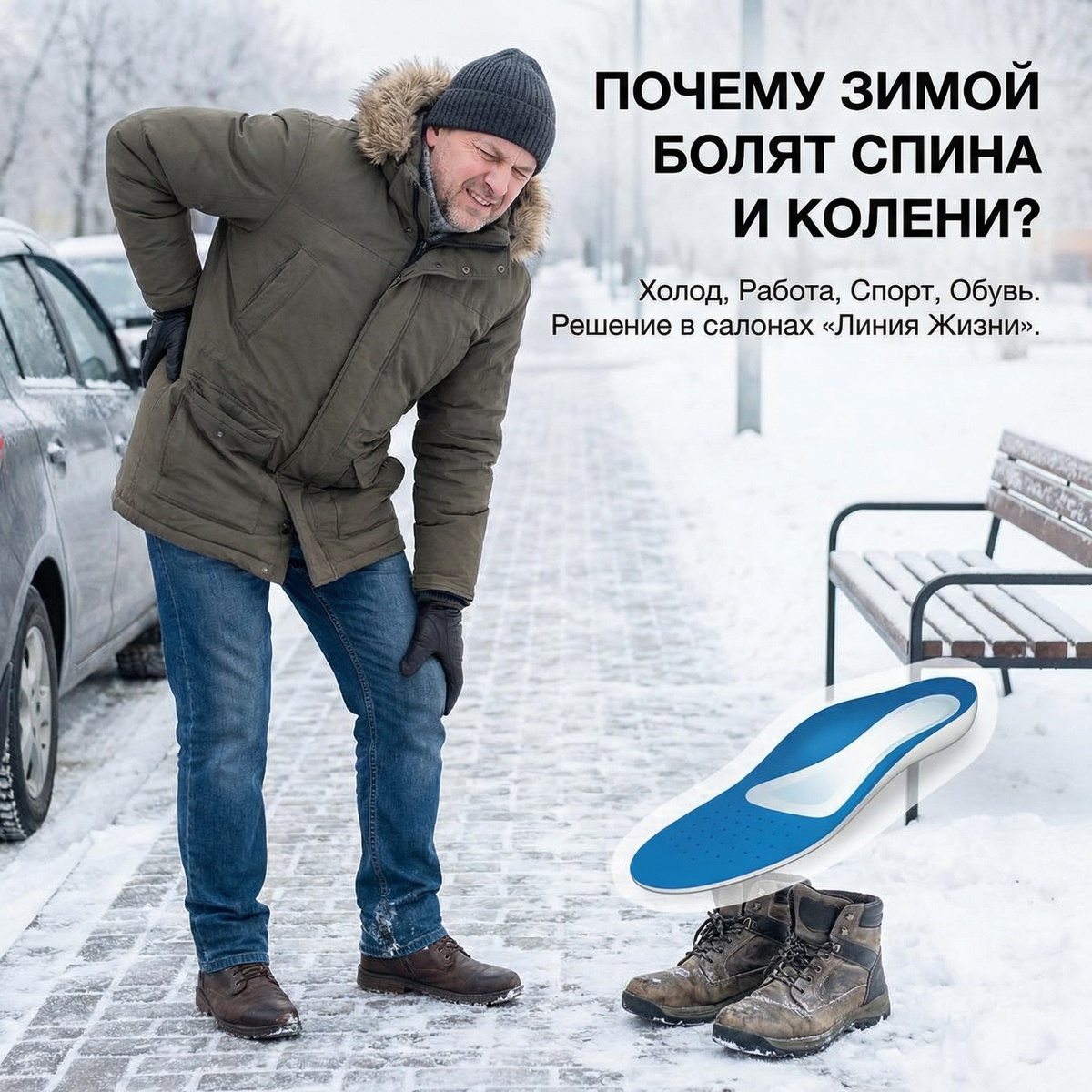 Это не совпадение. Есть 4 конкретные причины:

❄️ Холод — на морозе мышцы спазмируются, позвоночник получает повышенную нагрузку

🔧 Работа — физический труд или долгое сидение за рулём в сочетании с перепадами температуры провоцируют воспаление суставов

🏃 Спорт — нагрузки на холодные связки и мышцы многократно увеличивают риск травм

👟 Обувь — зимние ботинки без амортизации и поддержки стопы передают ударную нагрузку на колени и поясницу при каждом шаге

Большинство этих проблем начинается со стоп. Неправильная опора — причина боли, которую часто ищут совсем в другом месте.

Что можно сделать уже сейчас:
✅ Подобрать ортопедические стельки в вашу зимнюю обувь
✅ Использовать бандаж или наколенник при нагрузках
✅ Получить консультацию специалиста

В салонах «Линия Жизни» поможем определить причину и подобрать решение индивидуально. Консультация — бесплатно.