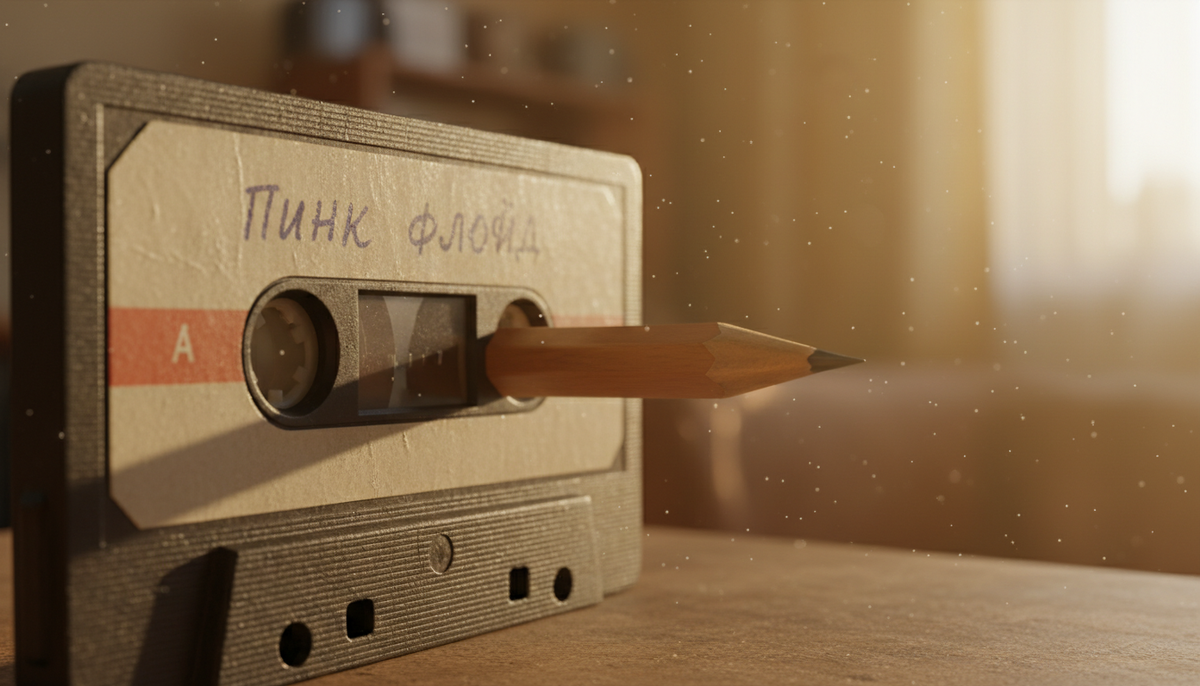 Крупный план аудиокассеты МК-60 и карандаша, перематывающего пленку