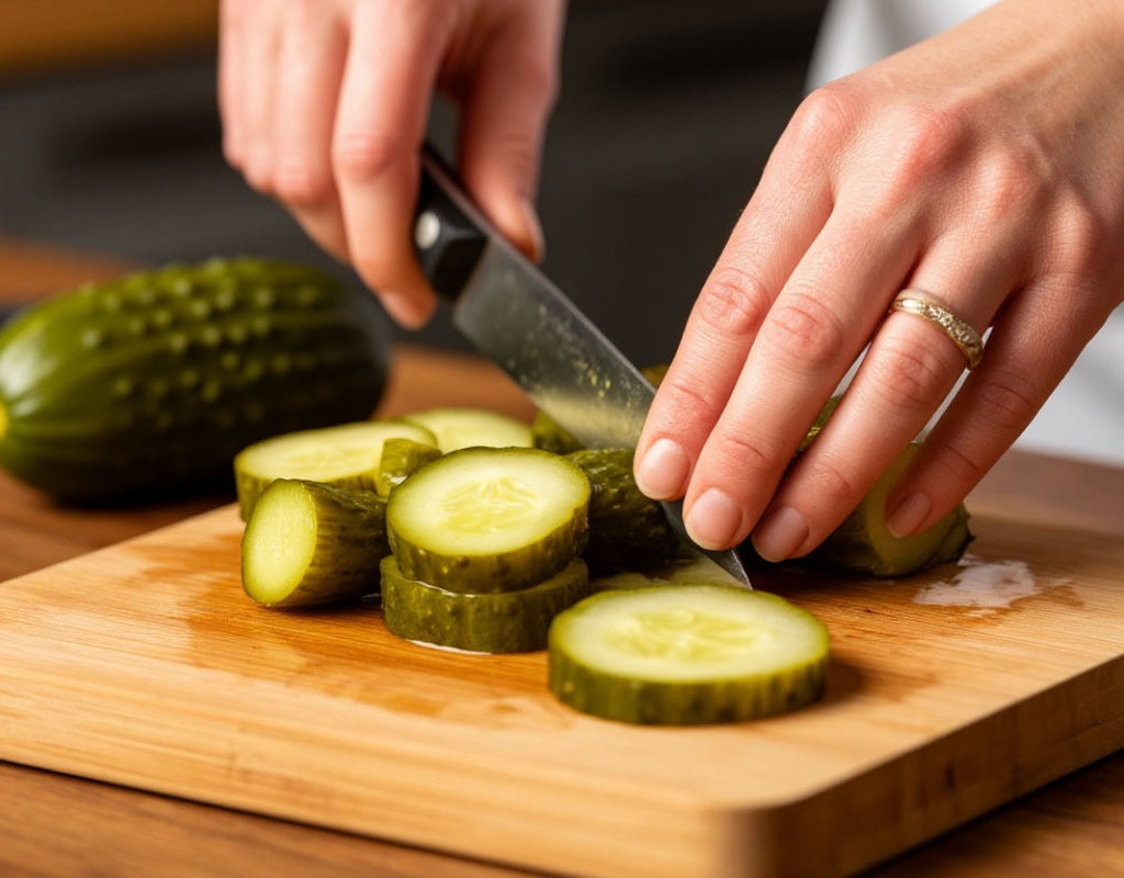 Нарезаем соленые огурчики.                                                                                                      «Создано с использованием искусственного интеллекта».