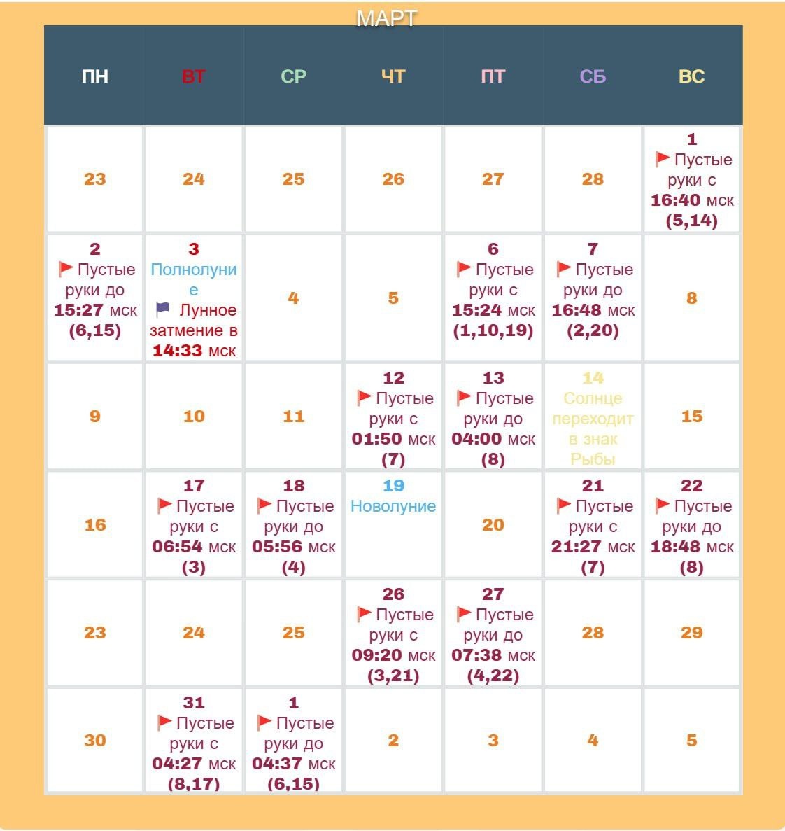 КАЛЕНДАРЬ НА МАРТ 2026г. 🪄Риктха (санскр.) - "пустые руки, бедность". В дни "ПУСТЫЕ РУКИ" или "РИКТХА ТИТХИ" следует избегать начинания важных дел, покупок, начала обучения, подписания договоров, сделок.Время Московское! обращаем внимание на время во сколько начинаются и заканчиваются "пустые руки"!🪄Используйте знания во благо себе и своих близких🙏❤️БОЛЬШЕ ПОЛЕЗНОЙ ИНФОРМАЦИИ в моем ТГ канале переходите по ссылке:t.me/+niZM6babZ...