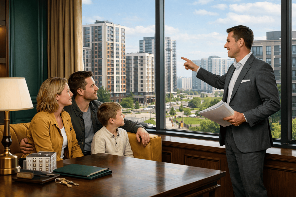 Семья с ребёнком на консультации у риелтора: выбор района для покупки квартиры в Москве и Подмосковье, чек-лист для спокойной сделки без лишних рисков.