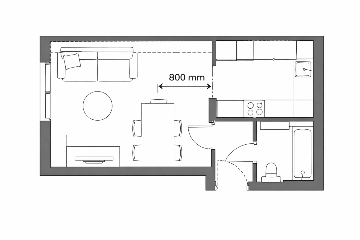 Формально нормы соблюдены.
Фактически — двери конфликтуют, а проход теряет ширину.