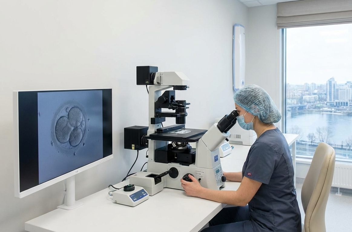 Эмбриолог за работой в современной лаборатории центра репродукции.