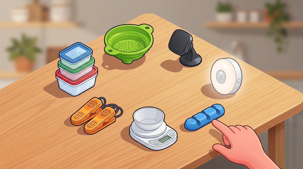 Семь полезных вещей для дома до 2000 рублей на деревянном столе — находки с маркетплейсов