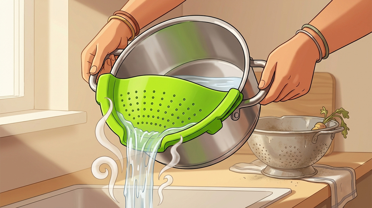 Силиконовый дуршлаг-накладка на кастрюлю - сливает воду без лишней посуды