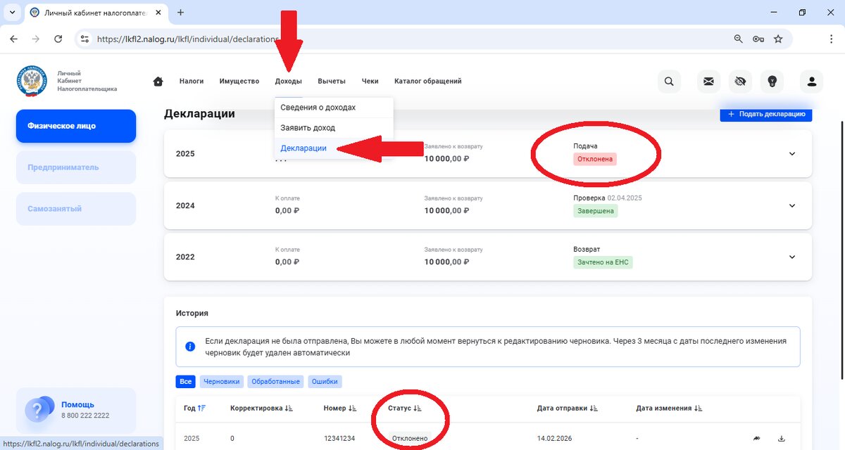 Доходы - декларации. Подача отклонена. Статус Отклонено.