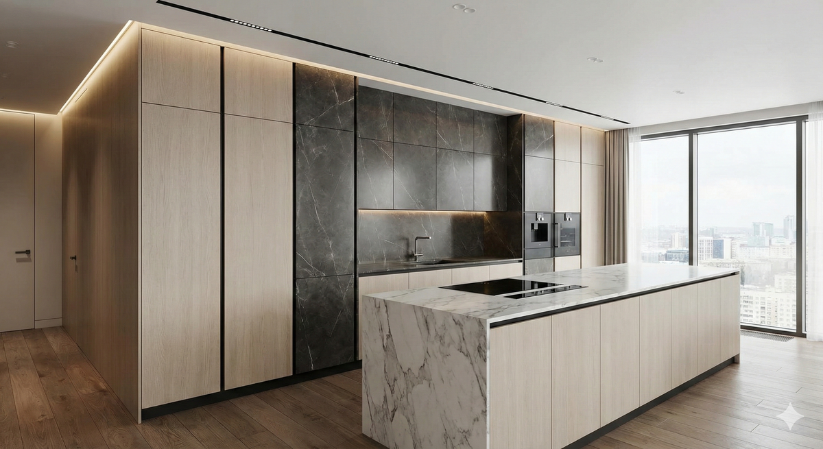 кухня до потолка + аккуратная линия потолка (теневая планка).