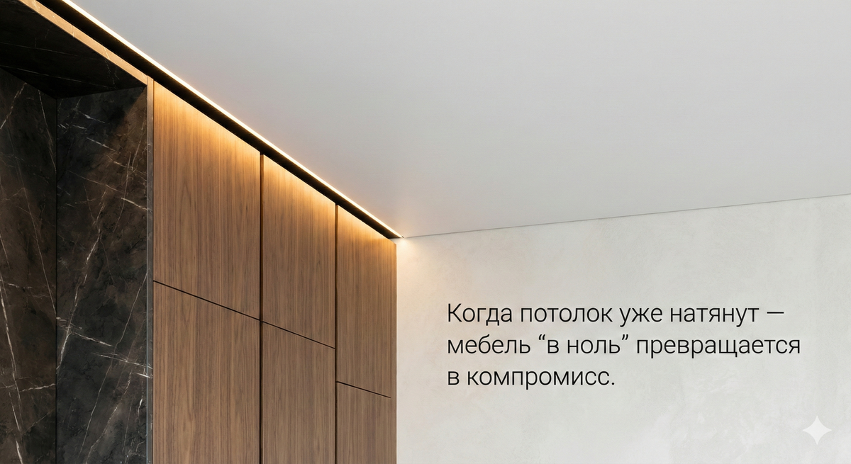 Когда потолок уже натянут — мебель “в ноль” превращается в компромисс