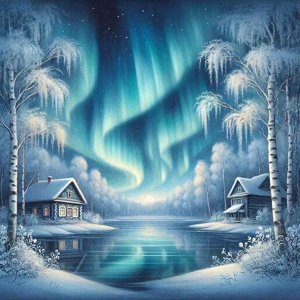 Полярное сияние. Иллюстрация сгенерирована нейросетью