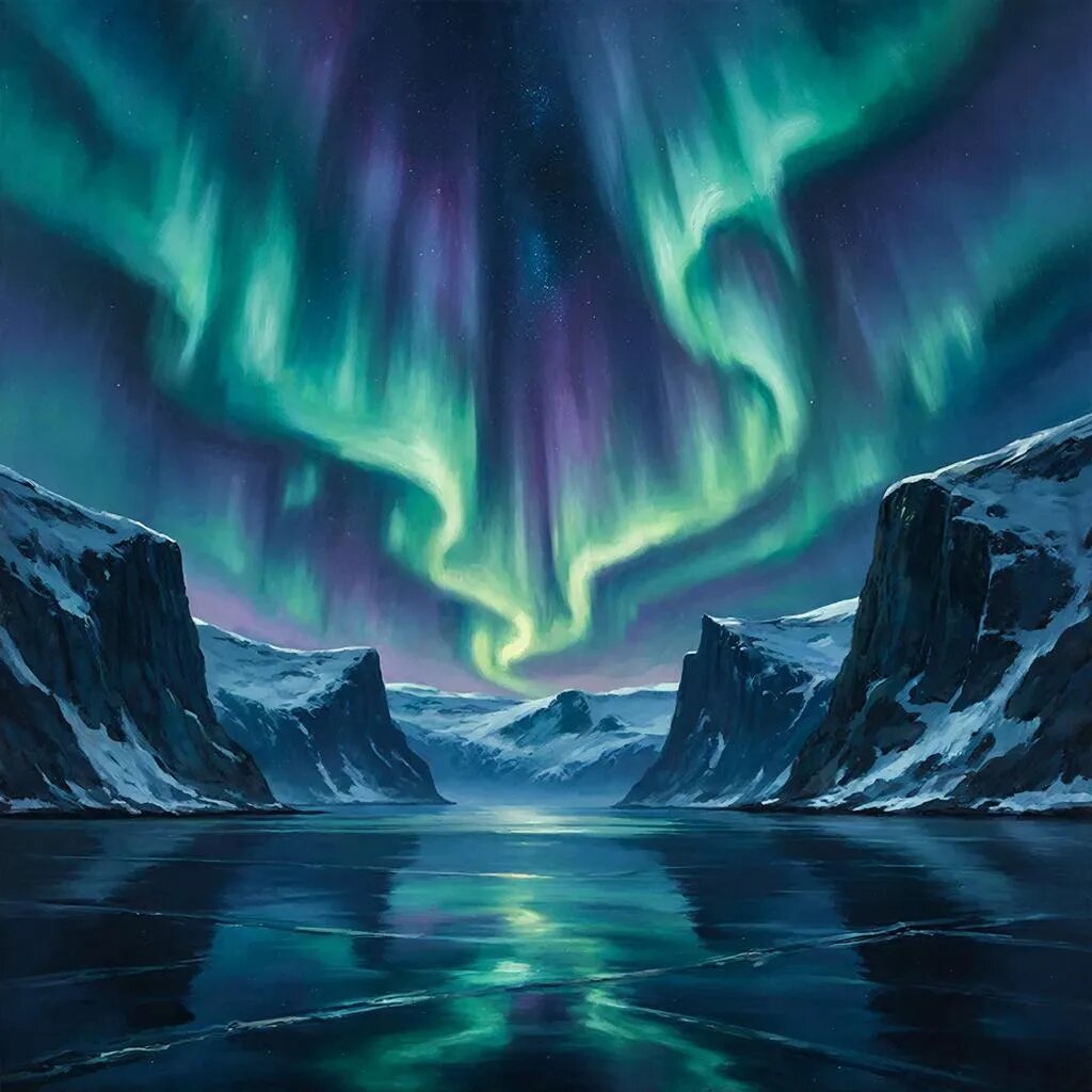 Полярное сияние. Иллюстрация сгенерирована нейросетью