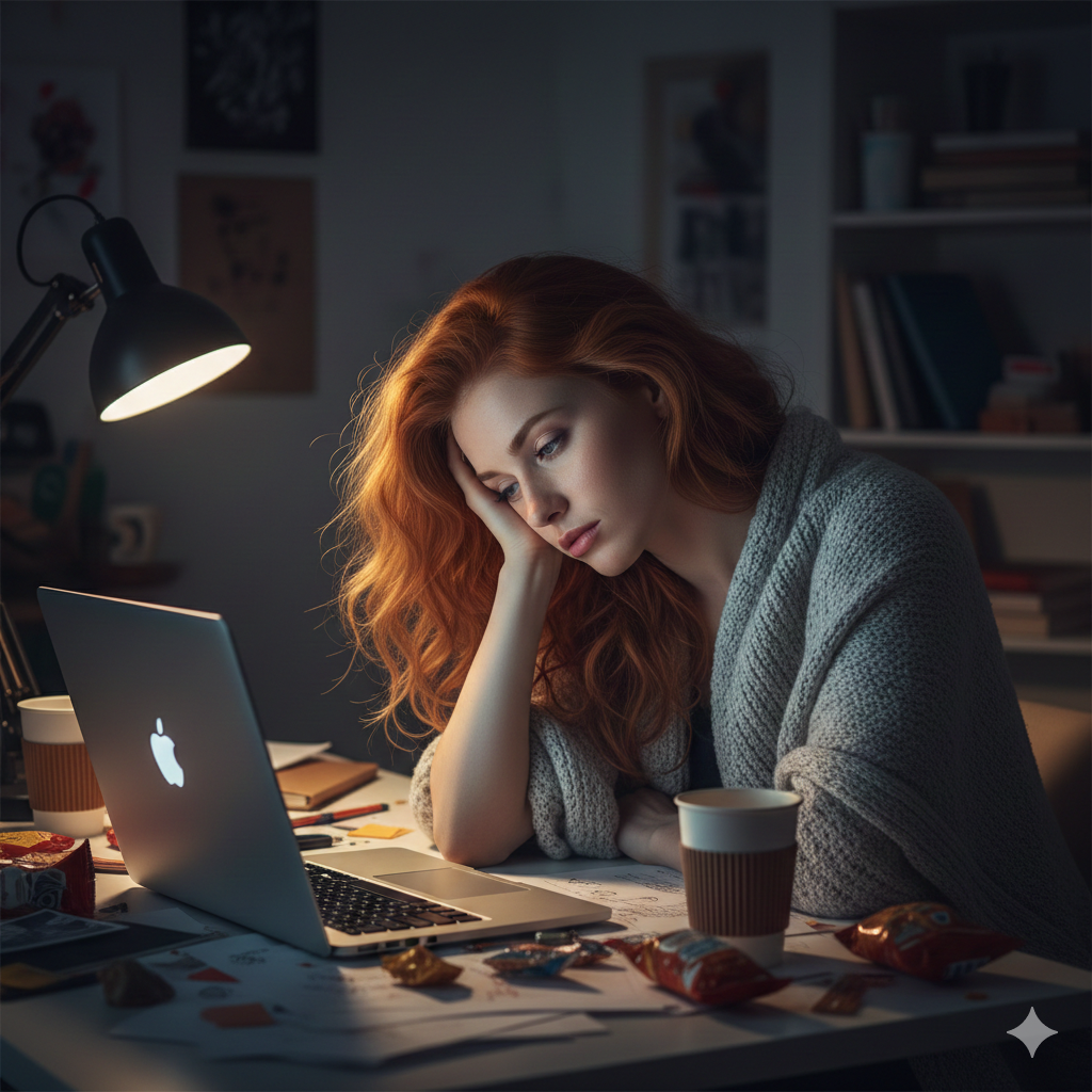 Девушка сидит перед ноутбуком до 3 часов ночи.