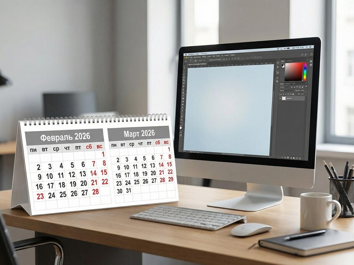    Календарь на февраль и март 2026 года на офисном столе© РИА Новости . Изображение сгенерировано ИИ