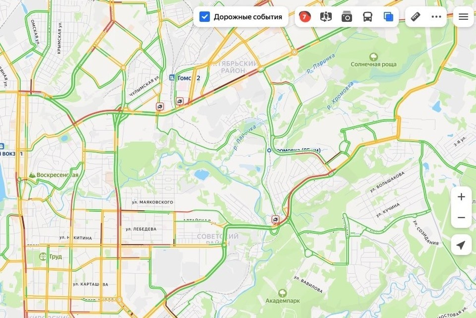    Серьезные заторы наблюдаются на Балтийской и Иркутском тракте. Фото: скриншот сервиса «Яндекс. Пробки»