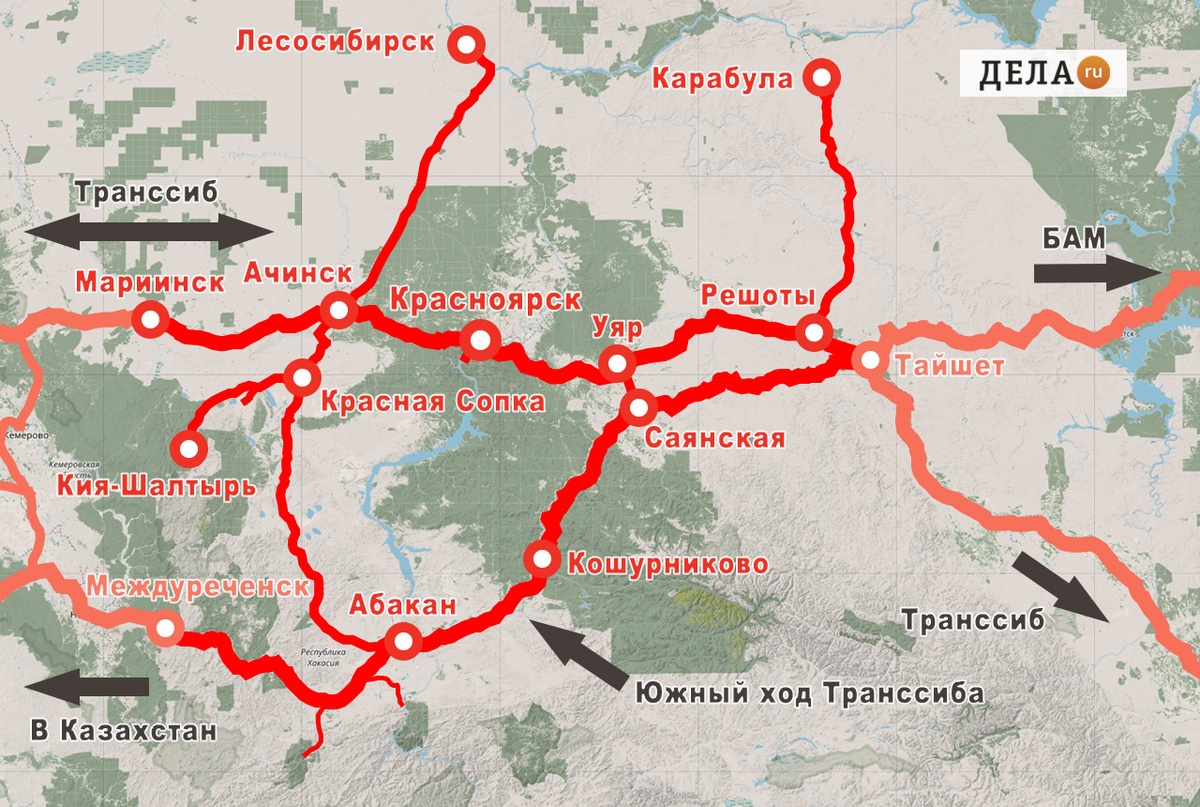     Схема зоны ответственности Красноярской железной дороги с важными узловыми и тупиковыми станциями (показано ярко-красным). Основной ход Транссибирской магистрали: Мариинск – Ачинск – Красноярск – Уяр – Тайшет (805 км). Южный ход Транссиба: Междуреченск – Абакан – Кошурниково – Саянская – Тайшет (970 км). Общая эксплуатационная длина всех путей КрасЖД составляет более 3,1 тыс. км