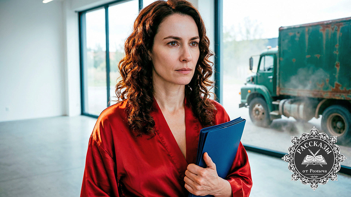 Женщина в красном шелковом халате стоит в пустой квартире, празднуя победу над соседом-вымогателем