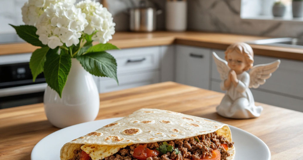 Конвертики из тортильи с фаршем, помидором, луком и зеленью