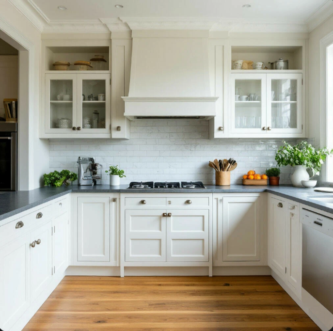 пример кухни с белыми фасадами 