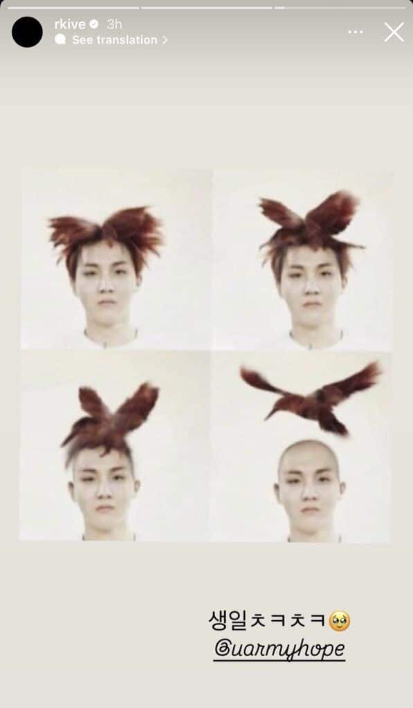   RM сторис, подпись «생일ㅊㅋㅊㅋ» — сокращение от «С днем рождения»   
Он опубликовал этот мем 18 февраля 2024 года, чтобы поздравить Джей-Хоупа с днем рождения!   
На фото его прическа в стиле эры «Danger» (2014 год) в шутку сравнивается с птицей, которая постепенно «улетает» с его головы, оставляя его лысым