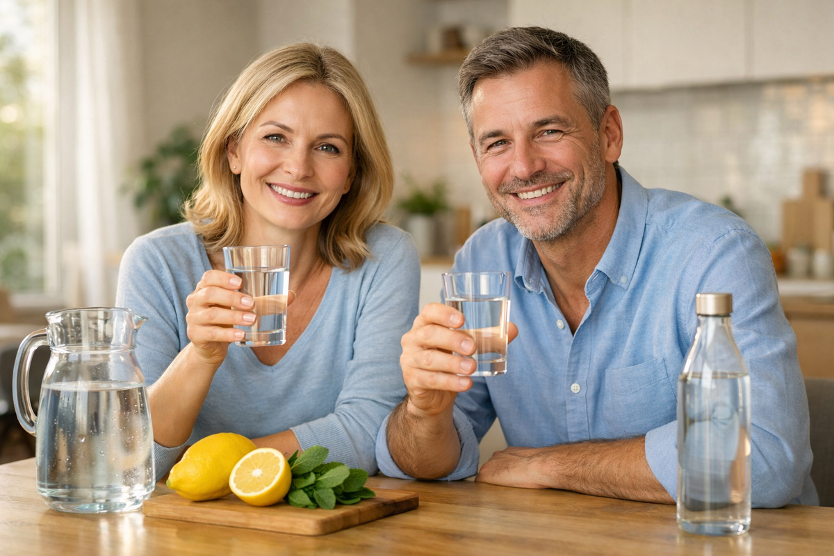 Мужчина с женщиной пьют воду для здоровья 