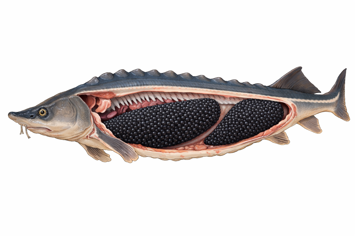 Чёрная икра — это зрелые яйцеклетки самки осетра, находящиеся в парных яичниках, расположенных в брюшной полости вдоль позвоночника. Это не «наполнение» всего организма, а отдельный репродуктивный орган — два вытянутых мешка, которые к периоду нереста увеличиваются и заполняются сформированными икринками. Икра появляется в результате длительного процесса оогенеза: в яичниках постепенно созревают яйцеклетки, накапливают питательные вещества, формируют плотную оболочку и пигмент. Когда самка достигает половой зрелости и готова к размножению, эти яйцеклетки выводятся наружу для оплодотворения. Таким образом, икра — это биологический материал для продолжения вида, а не гастрономический продукт по своей природе; кулинарным деликатесом она становится уже после извлечения и обработки. Фото: Хатуна Колбая 