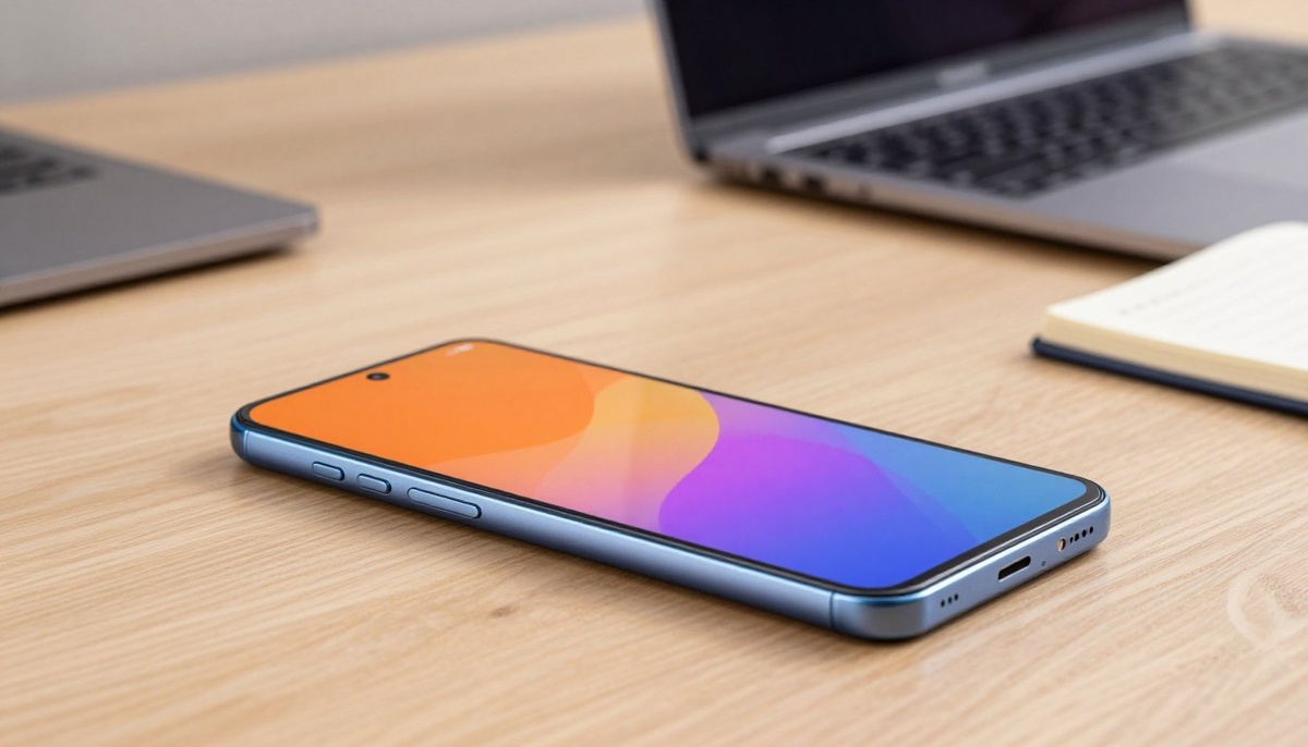 Детализированное и реалистичное изображение бюджетного смартфона Xiaomi Redmi 15C, демонстрирующее его элегантный дизайн и яркий дисплей. Смартфон размещен на минималистичном деревянном столе, а источник мягкого света освещает его, подчеркивая изогнутые края и глянцевое покрытие. На заднем плане размытое рабочее пространство создает впечатление практичной повседневной обстановки с ноутбуком и блокнотом для повышения продуктивности. Угол обзора камеры слегка наклонен на уровне глаз, что позволяет сделать акцент на экране телефона, а боковой лоток для двух nano-SIM-карт запечатлен сбоку. Общее настроение - современное и располагающее, что делает его идеальным для обсуждения недорогого устройства для повседневных задач. На изображении нет текста, логотипов или других отвлекающих факторов, и внимание сосредоточено исключительно на смартфоне.