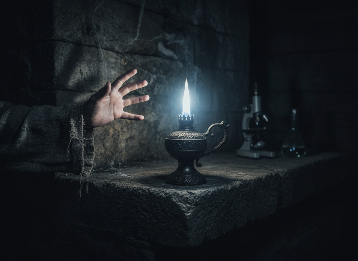 Эта рука в грубой средневековой одежде застыла в ужасе перед «дьявольским пламенем», горящим в запечатанной веками гробнице. Монах видел в нём чудо или проклятие — и чаще всего разбивал лампу молотом, уничтожая улику. А где-то в тени уже стоит микроскоп, которому через 500 лет предстоит объяснить: это просто химия, белый фосфор и асбестовый фитиль.