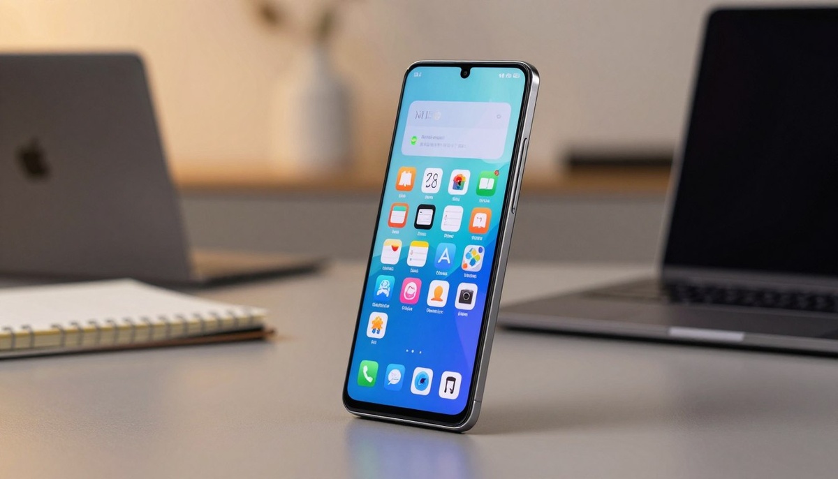 На переднем плане изображен стильный современный смартфон Xiaomi MI 15T в изысканном сером корпусе, демонстрирующий элегантный дизайн и блестящую заднюю панель из стекла. Экран телефона включен, открывая яркий домашний экран с красочными значками приложений. На втором плане - размытое рабочее пространство с мягким фокусом и минималистичными аксессуарами, такими как ноутбук и записная книжка, что создает высокотехнологичную обстановку. На заднем плане - мягко освещенная комната с мягким теплым светом, который освещает сцену, подчеркивая профессиональную и в то же время непринужденную атмосферу. Благодаря небольшому наклону смартфона, подчеркивающему его изящный профиль, акцент делается на его функциях. В целом, дизайн отражает инновации и современный стиль жизни, что идеально подходит для обзора технологий.