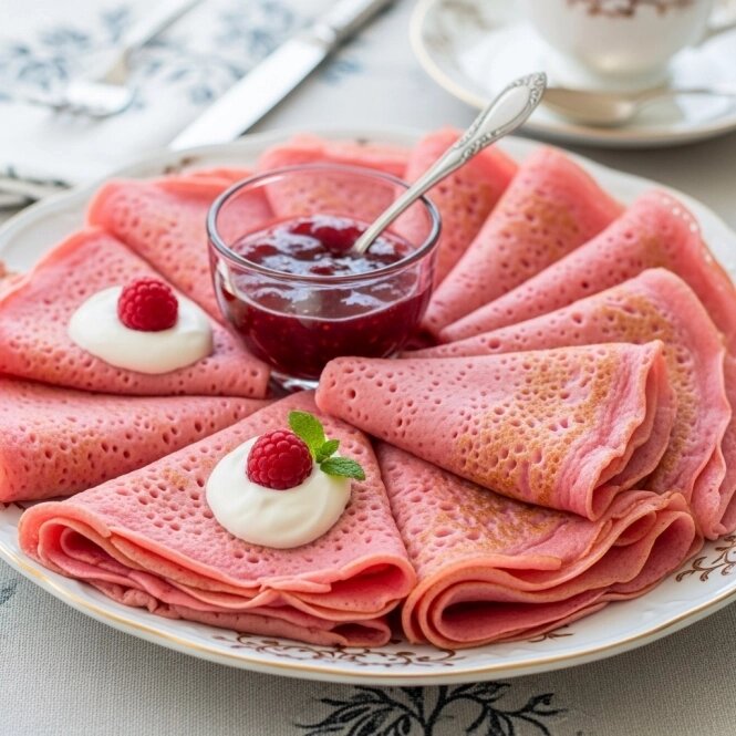    Вариант сервировки розовых блинов. Фото: АиФ-Северный Кавказ