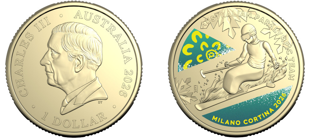    Монеты Австралии 1 доллар 2026 года Зимняя Олимпиада и Паралимпиада лыжник паралимпиец снежинки
