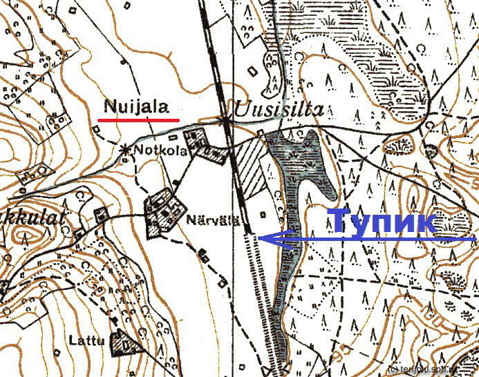 Фрагмент топографической карты района деревни Нуйяла по состоянию местности на 1934 г.