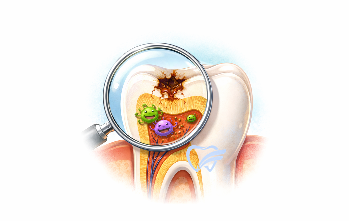 Кариес на ранней стадии — это небольшое повреждение эмали, которое часто не вызывает боли и остаётся незаметным без осмотра врача. На иллюстрации показано, как бактерии постепенно разрушают ткани зуба, проникая глубже — от эмали к дентину и пульпе. Именно поэтому регулярный профилактический осмотр помогает обнаружить проблему вовремя и избежать сложного лечения.