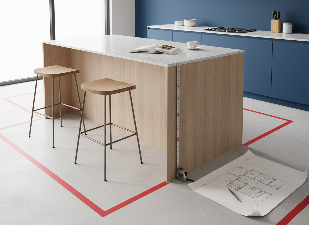 Красивый остров, чашка кофе, уютная книга. А красная разметка на полу — это суровая реальность: метр прохода, ни сантиметром меньше. Мечта и геометрия должны дружить, иначе вместо уюта получите вечные синяки на бёдрах.