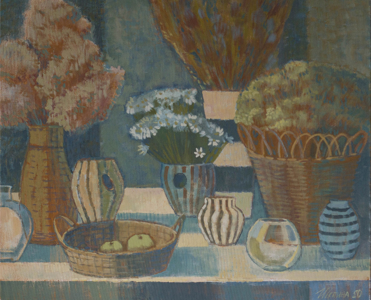 Щепина Е.А. Натюрморт с ромашками. Здесь как раз зеленый в серой среде становится несколько тусклым и грязноватым. 