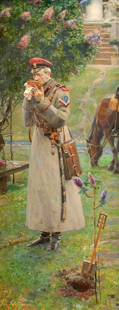 Романтизированный образ офицера из благородных представлен на картине П. Рыженко "Прощание с погонами" (2008). Полностью выдуманный сюжет. Прятать царские погоны, оставив при себе пару корниловских погон на плечах, офицерскую шинель, планшет и наградное георгиевское оружие... 