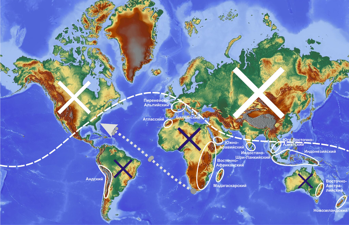 Рис. 1. Наиболее вероятные участки выживания и возрождения человечества. Белый пунктир – южная граница ареала критического разряжения атмосферы; серый точечный пунктир - траектория полёта астероида; белые кресты – гибель людей от асфиксии; фиолетовые кресты – гибель людей от Потопа.