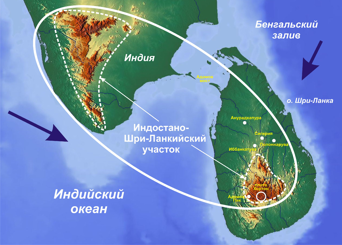 Рис. 2. Индостано-Шри-Ланкийский участок на карте рельефа. Стрелками показаны основные направления движения водных потоков.