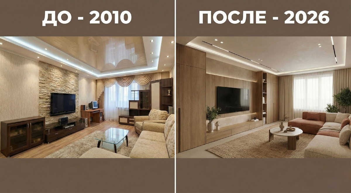 Сравнение устаревшего ремонта из 2010-х (многоуровневый потолок, мебельная стенка) и современного минималистичного дизайна интерьера 2026 года