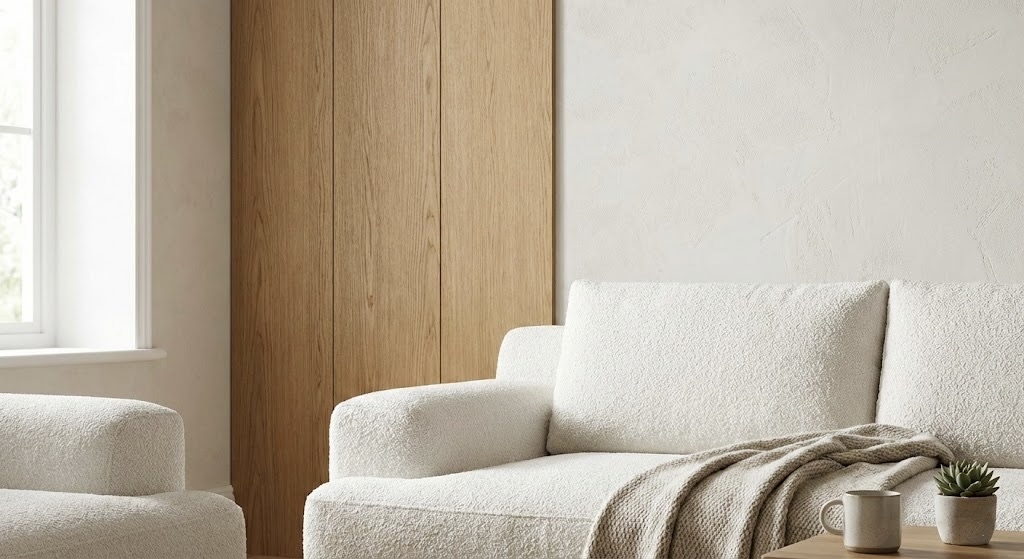 Использование натурального шпона дерева, дивана из ткани букле и фактурных стен в современном интерьере гостиной.