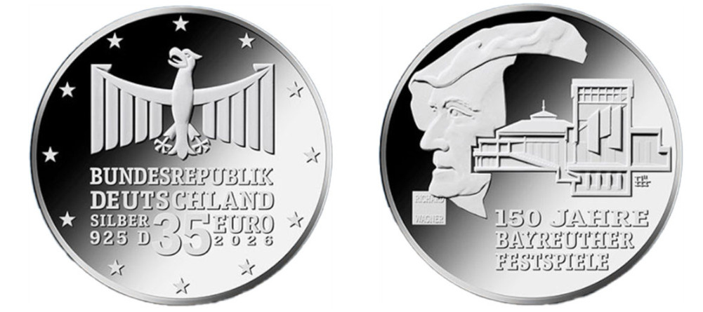    Серебряная монета Германии 35 евро 2026 года Рихард Вагнер Байройтский фестивальный театр разрез