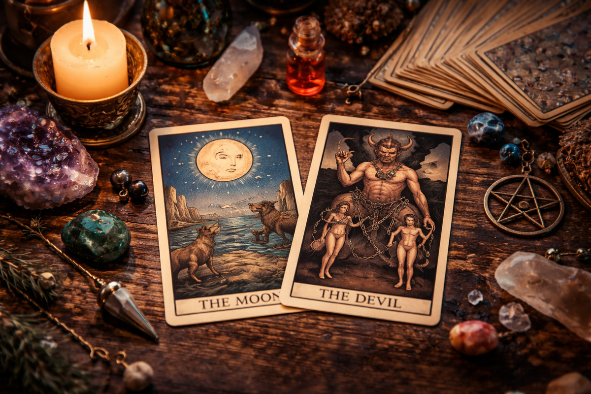 Луна и Дьявол сочетание Таро — когда притяжение сильное, а ясности мало.