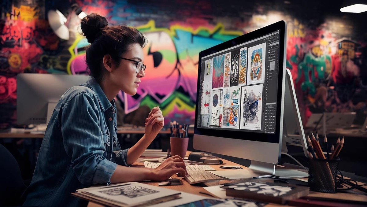 дизайнер работает за компьютером с несколькими открытыми макетами интерфейсов и графических проектов