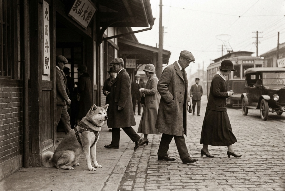 Акита-ину ждёт на перроне вокзала в Японии, 1930-е годы