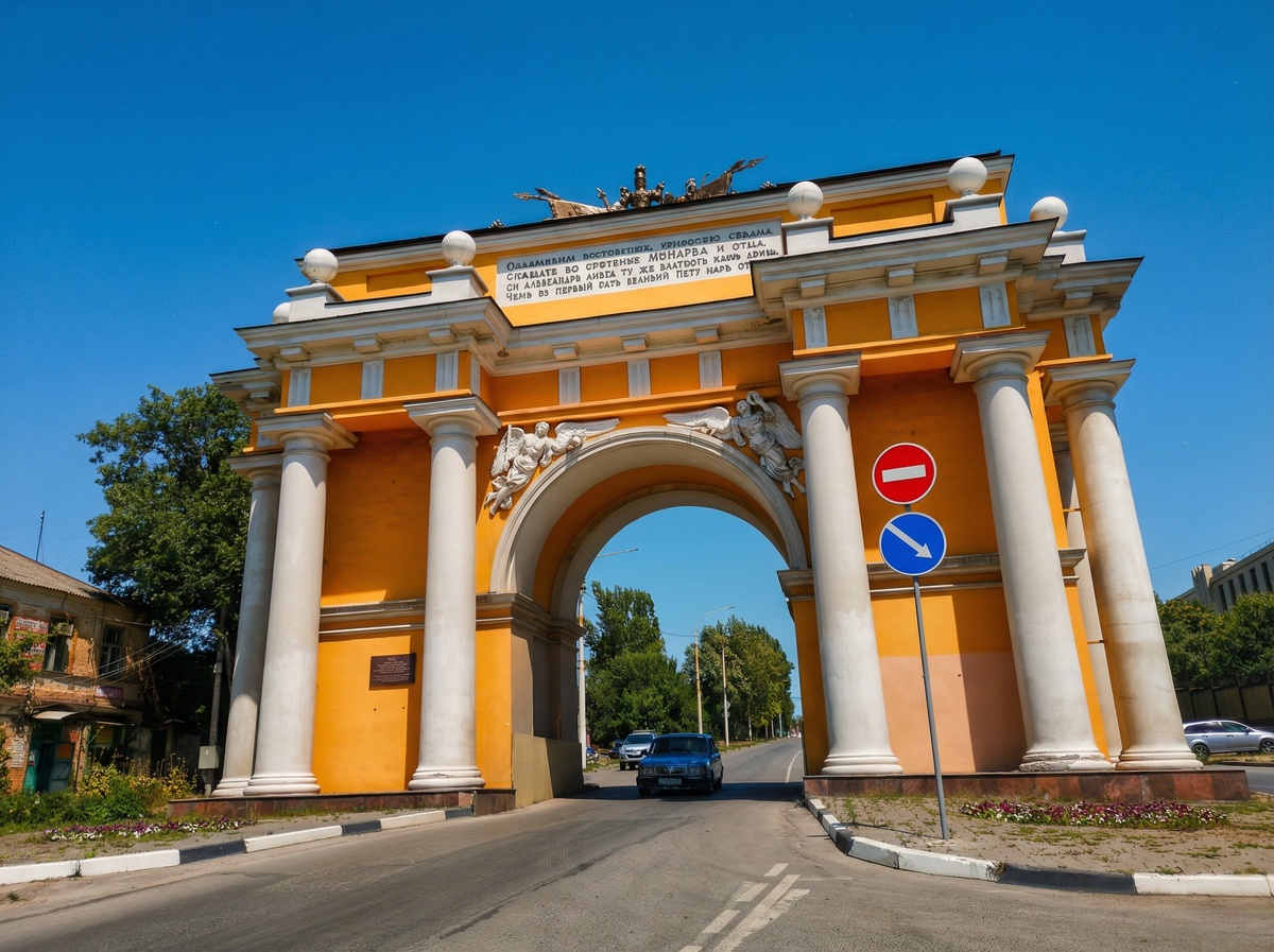 Массивное сооружение в стиле классицизма сразу приковывает взгляд своим насыщенным желто-оранжевым цветом, который создает потрясающий контраст с глубокой, почти пронзительной синевой безоблачного неба.